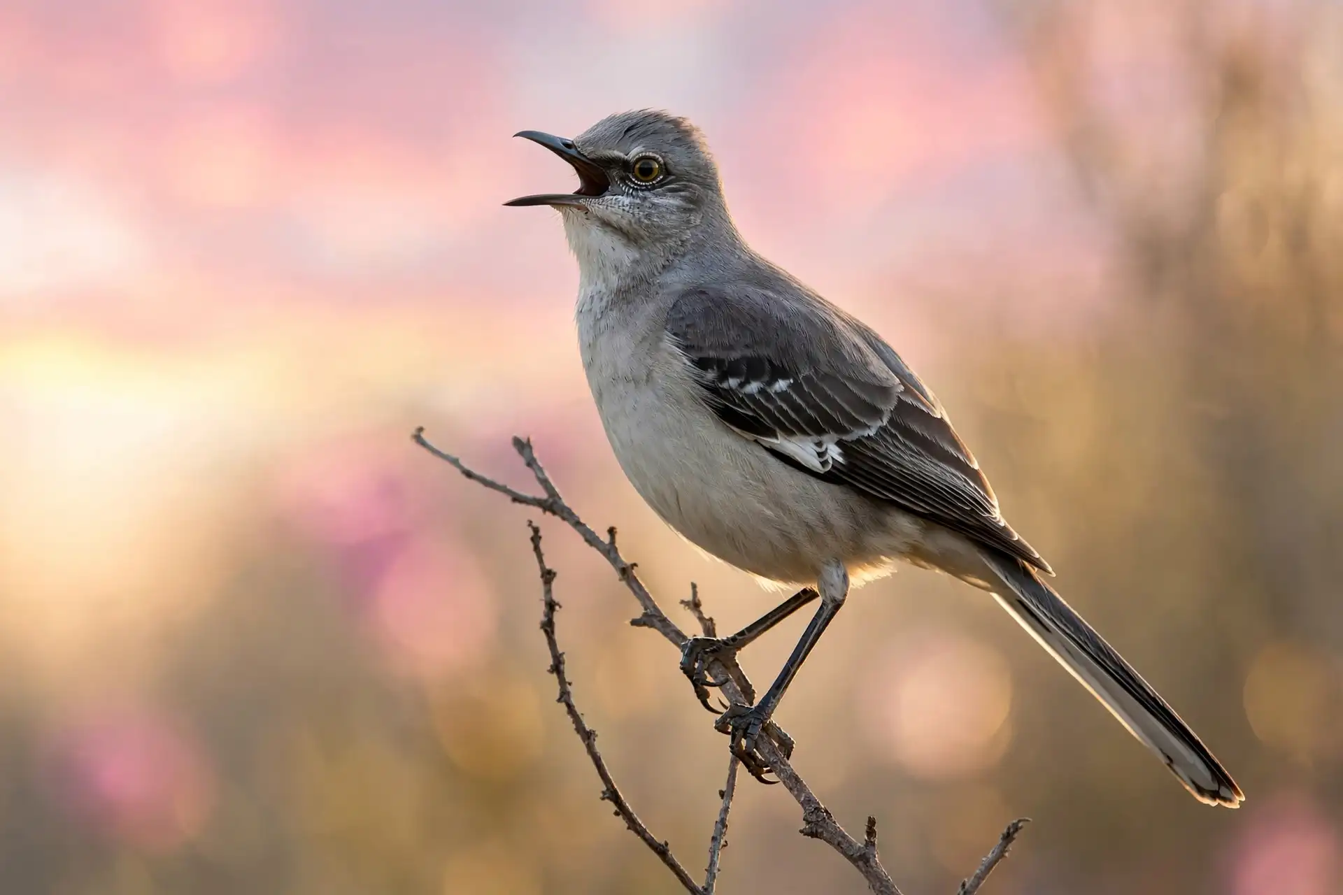 A northern mockingbird perched on a branch with its beak wide open, singing against a soft dawn sky