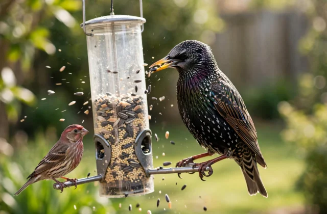 A glossy European starling with speckled winter plumage perched on a hanging tube bird feeder in a sunny backyard, scattering seed as a small finch waits nearby
