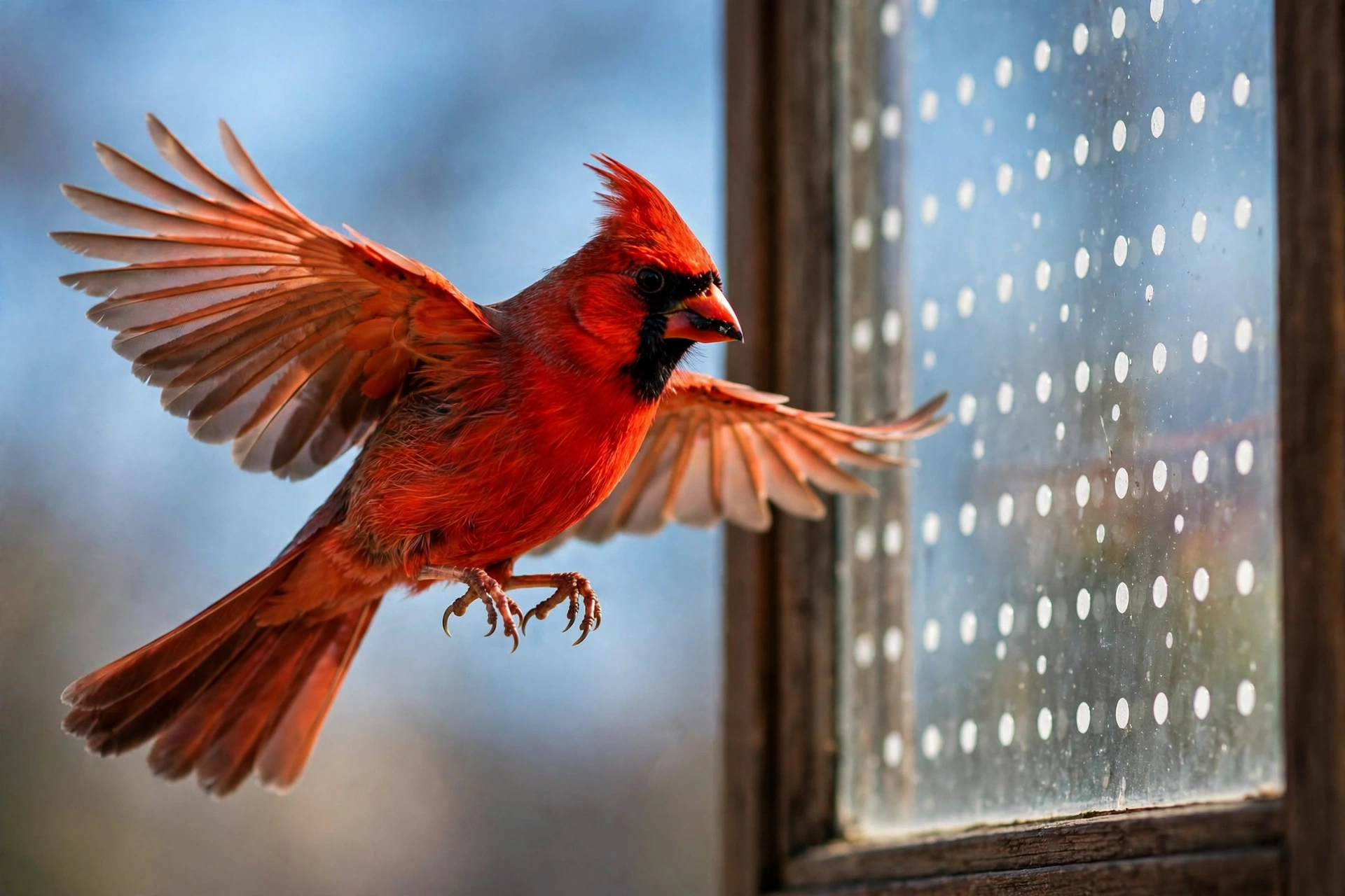 Northern cardinal in flight beside a house window covered with white bird-safe dot decals on the outside of the glass