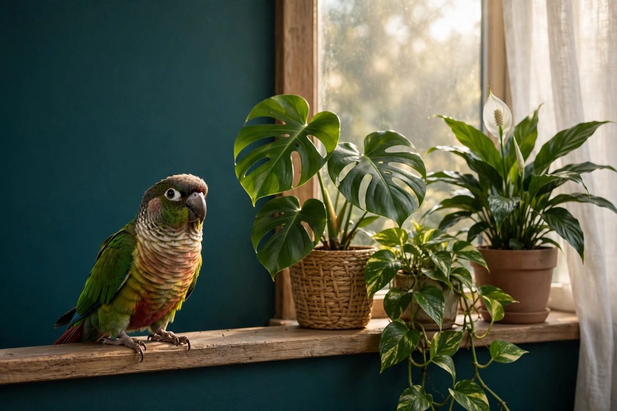Toxic houseplants for birds including lilies and philodendron arranged in a bright room