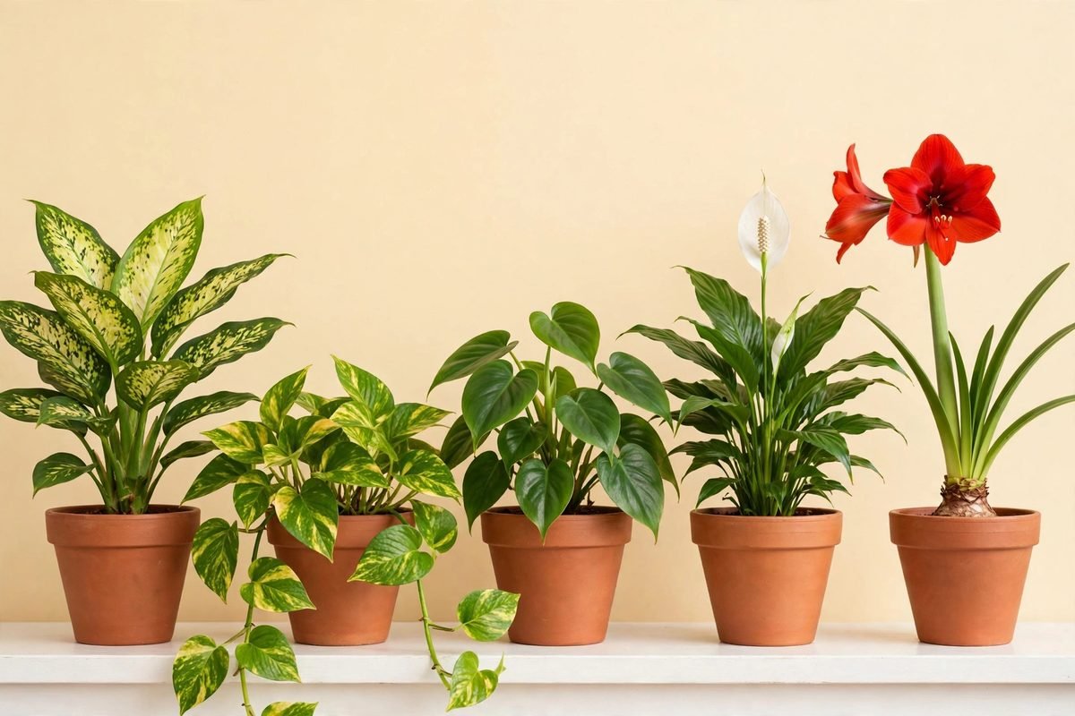 Common Houseplants on a Shelf Row of potted houseplants including amaryllis on a white shelf, a toxic houseplants for birds warning example