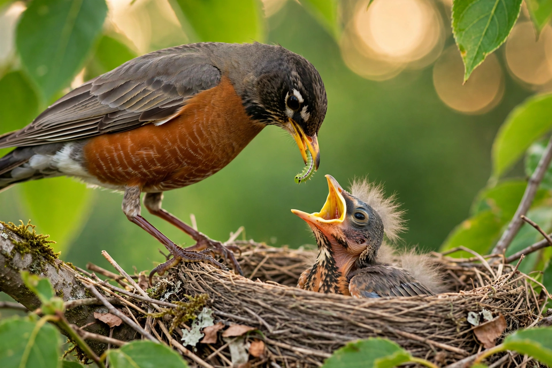 An adult American robin feeding a green caterpillar to a gaping baby robin chick in a twig nest
