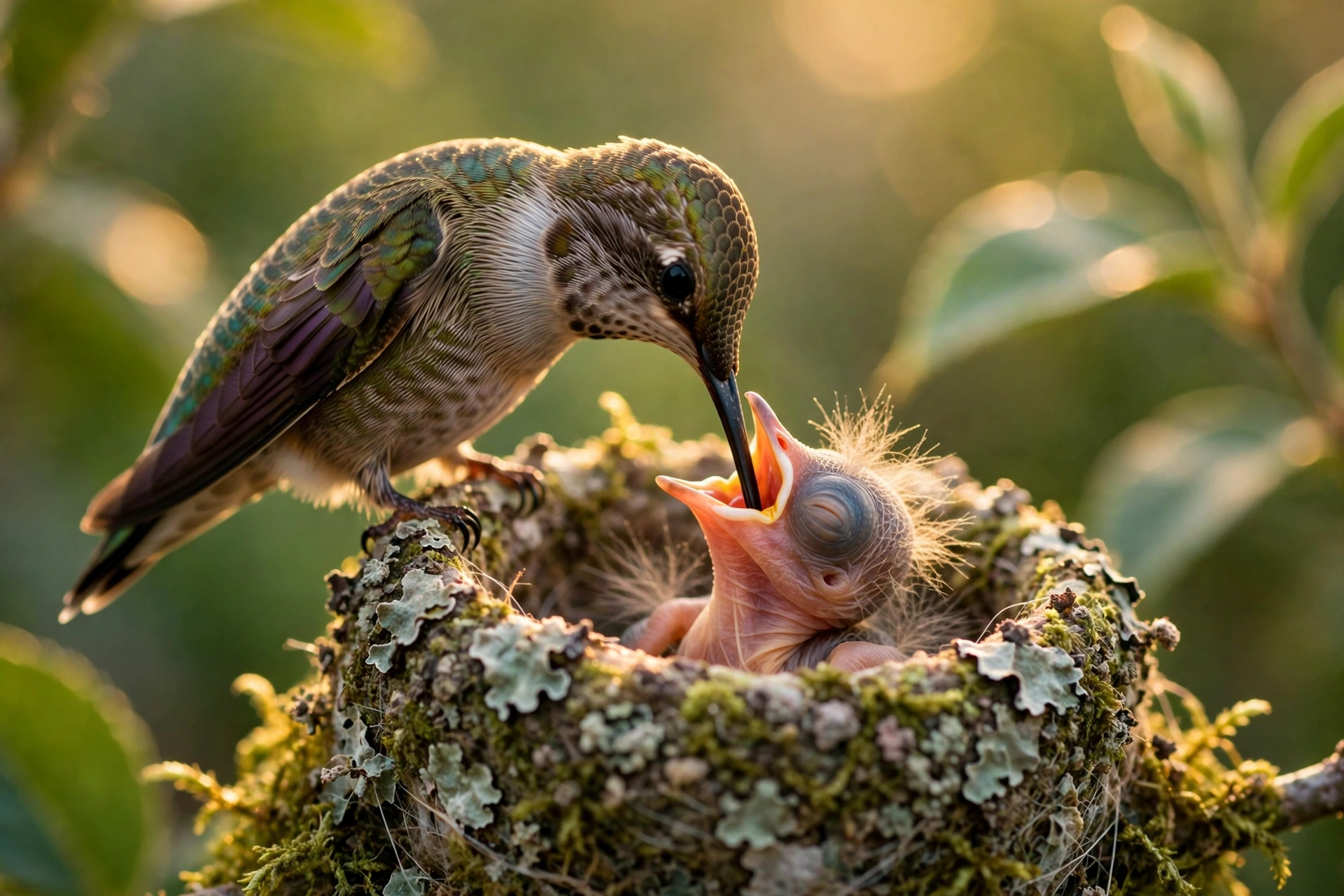Female ruby-throated hummingbird inserting her bill deep into the open beak of a nearly naked nestling in a lichen-covered cup nest