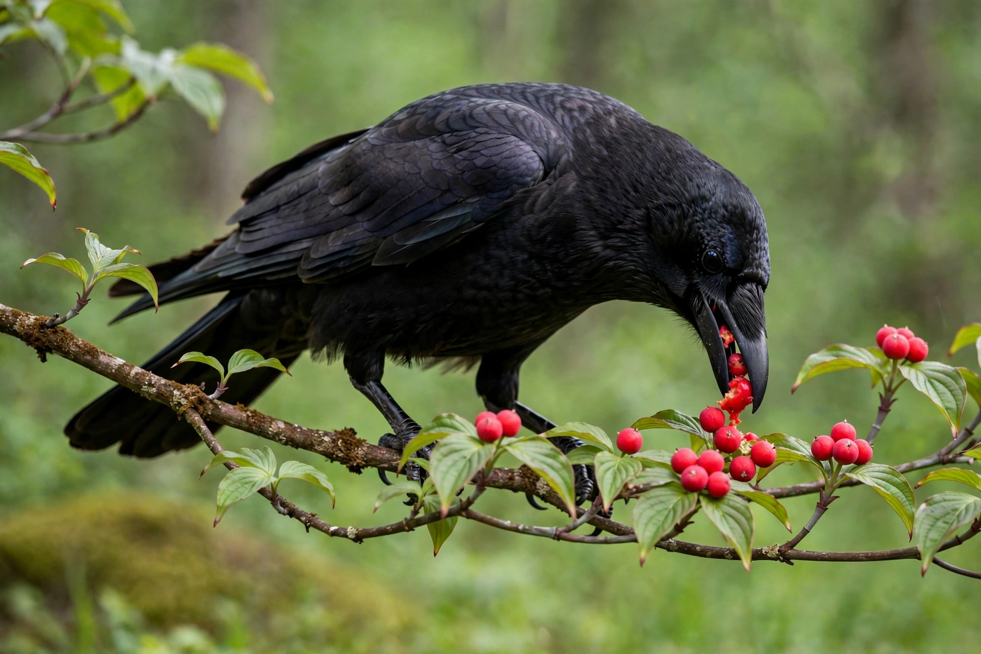 American crow perched on a dogwood branch eating bright red berries