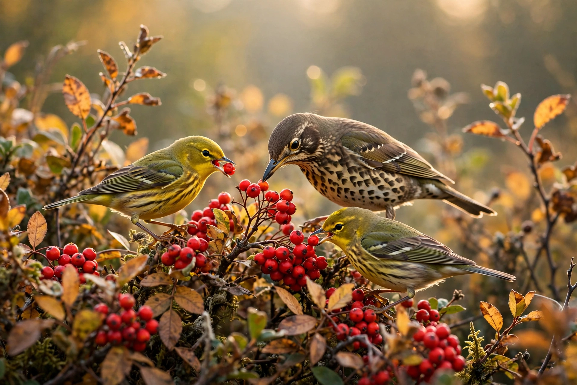 Warblers and a thrush feeding on bright red berries in a shrub at dawn during autumn migration