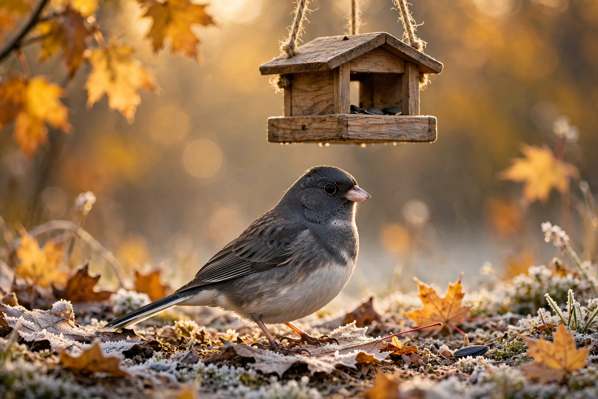 A slate-grey dark-eyed junco with a white belly standing on frosty ground under a hanging bird feeder on an autumn morning