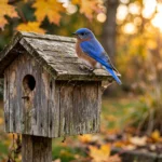 A male Eastern bluebird with bright blue back and rusty-orange breast perched on a weathered wooden birdhouse among golden autumn leaves