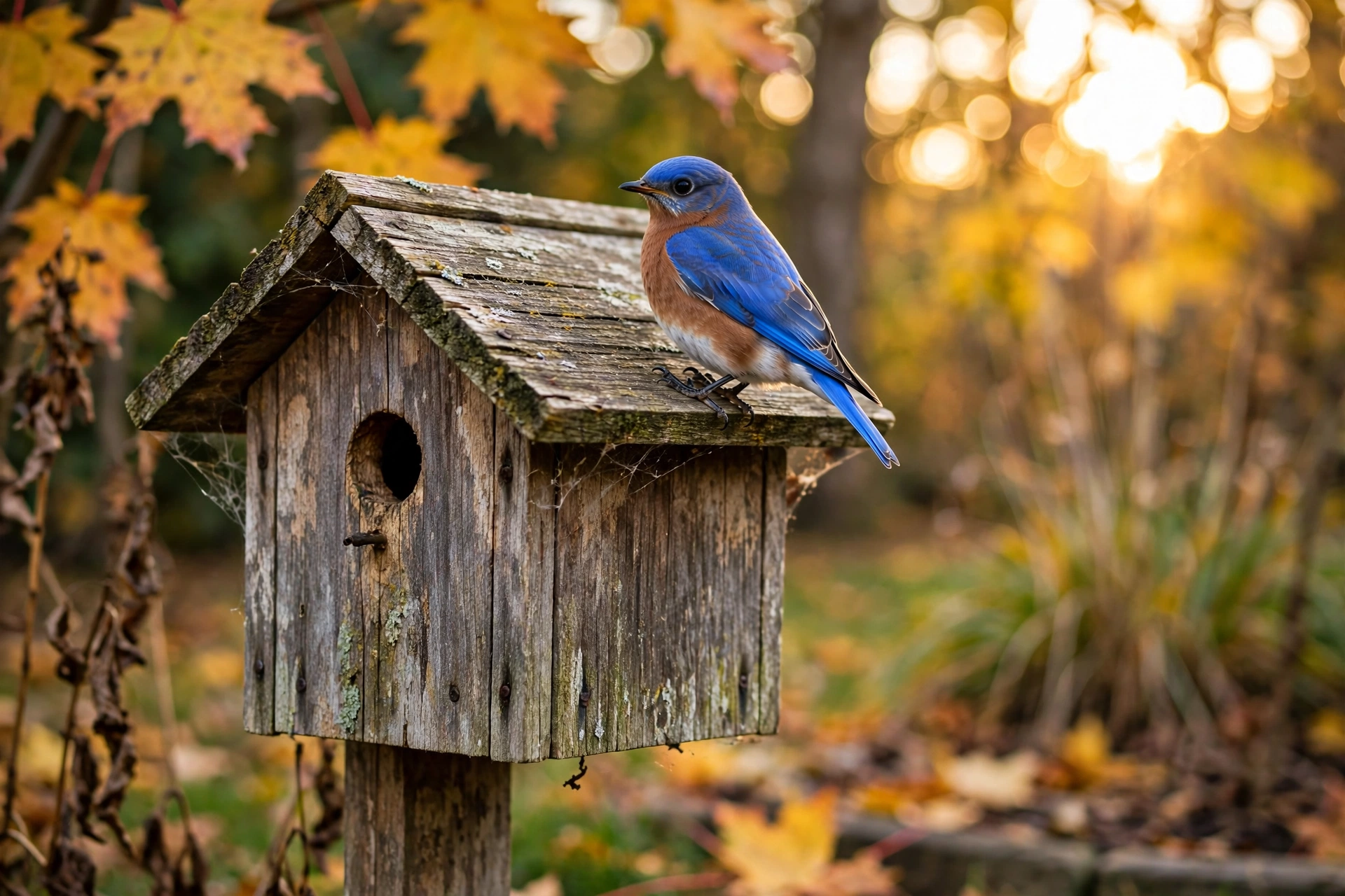 A male Eastern bluebird with bright blue back and rusty-orange breast perched on a weathered wooden birdhouse among golden autumn leaves