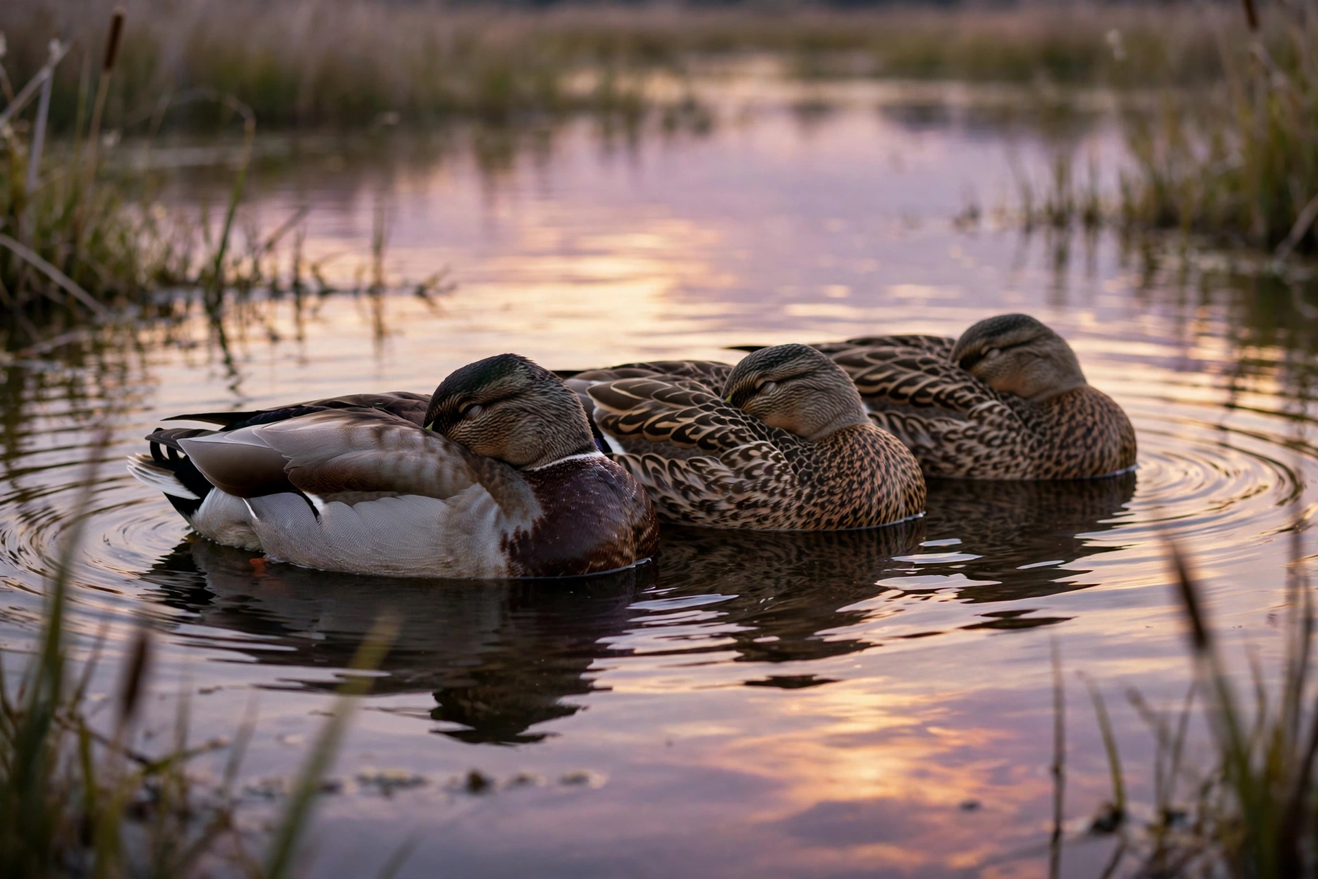 Three mallard ducks sleeping on calm lake water at dusk with bills tucked under their wings
