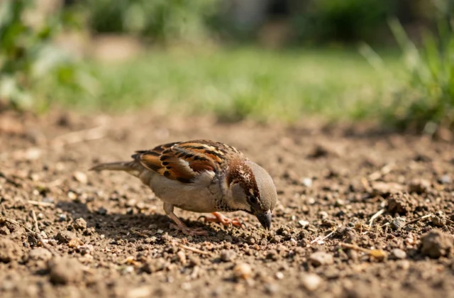 House sparrow pecking at bare soil, showing why do birds eat dirt