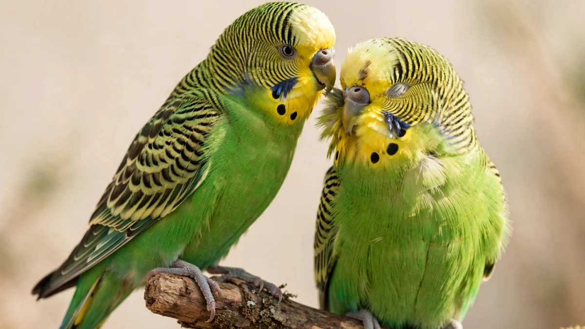 Two green parakeets sitting side by side on a perch, one gently preening the feathers on the back of the other's head
