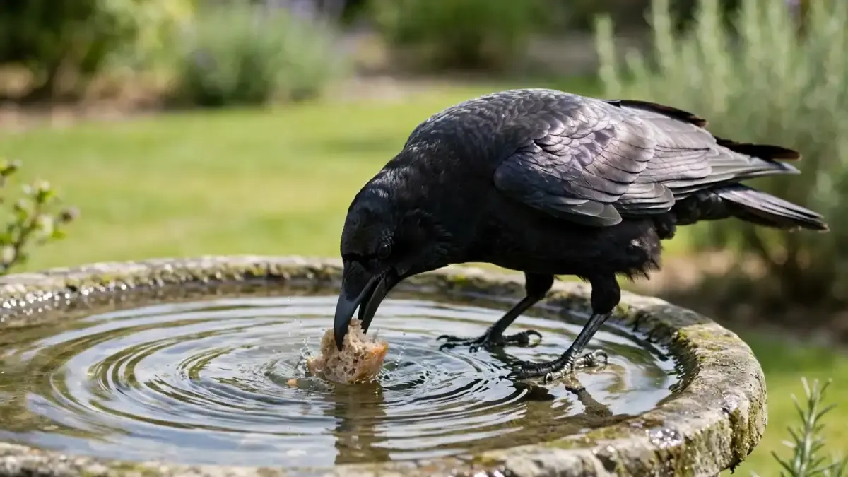 Why Do Crows Dip Food in Water? The Real Reasons Behind the Habit 1 A black crow dipping a piece of bread into a stone birdbath in a sunny garden, with ripples spreading across the water