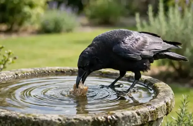 A black crow dipping a piece of bread into a stone birdbath in a sunny garden, with ripples spreading across the water