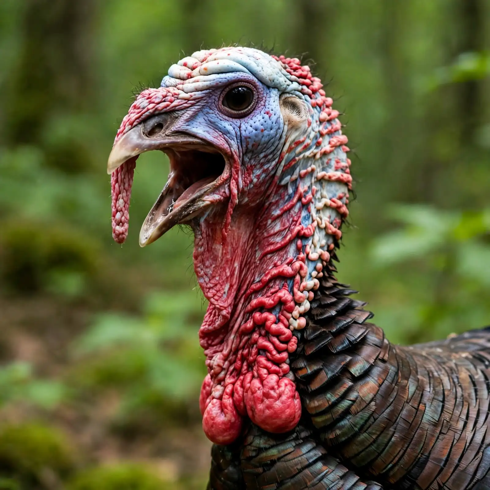Why Do Turkeys Gobble? The Meaning Behind the Call 2 Close-up of a wild turkey tom's head and neck with beak open mid-gobble
