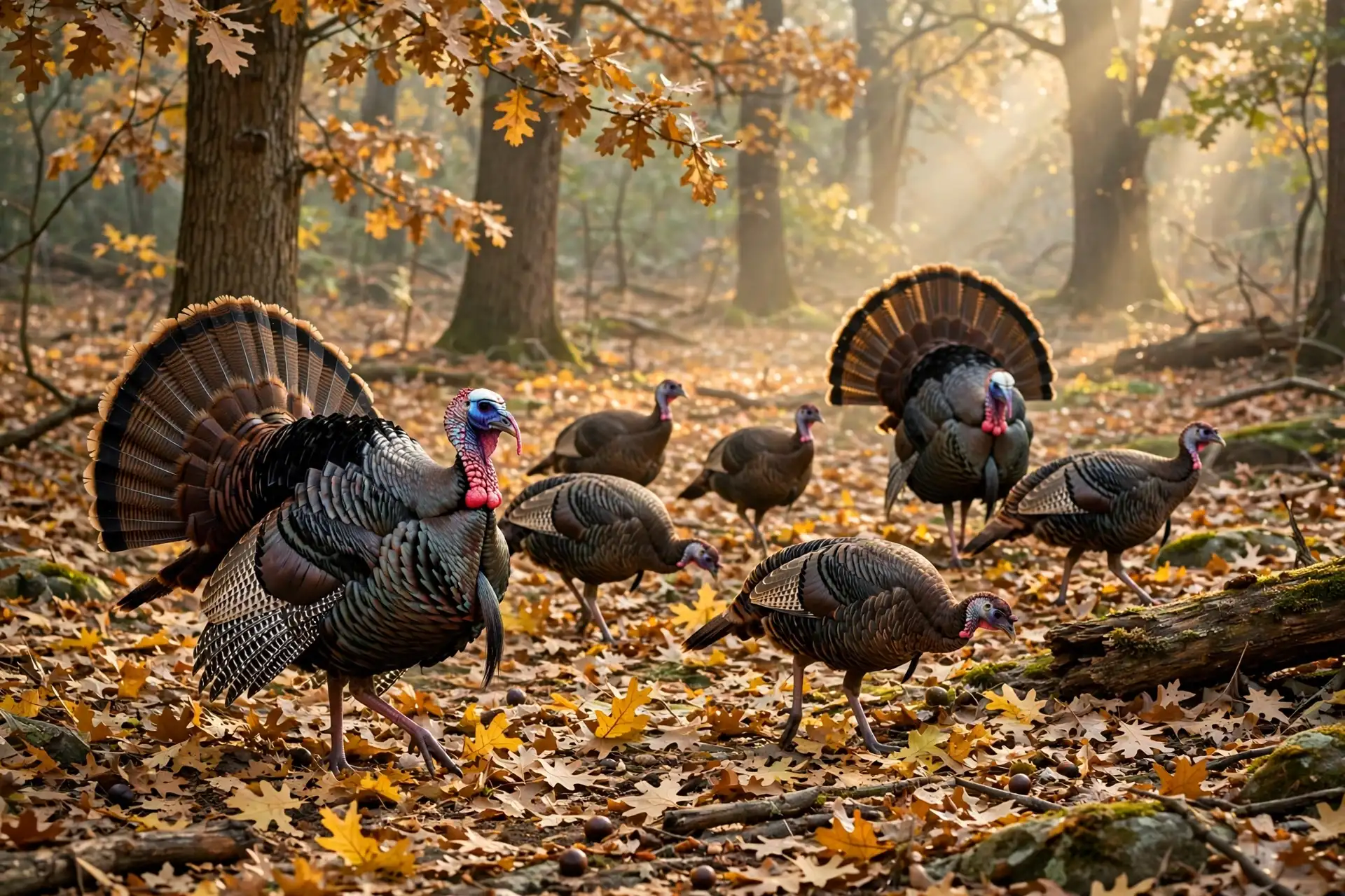 Why Do Turkeys Gobble? The Meaning Behind the Call 3 Flock of wild turkeys walking through an autumn forest with golden leaves