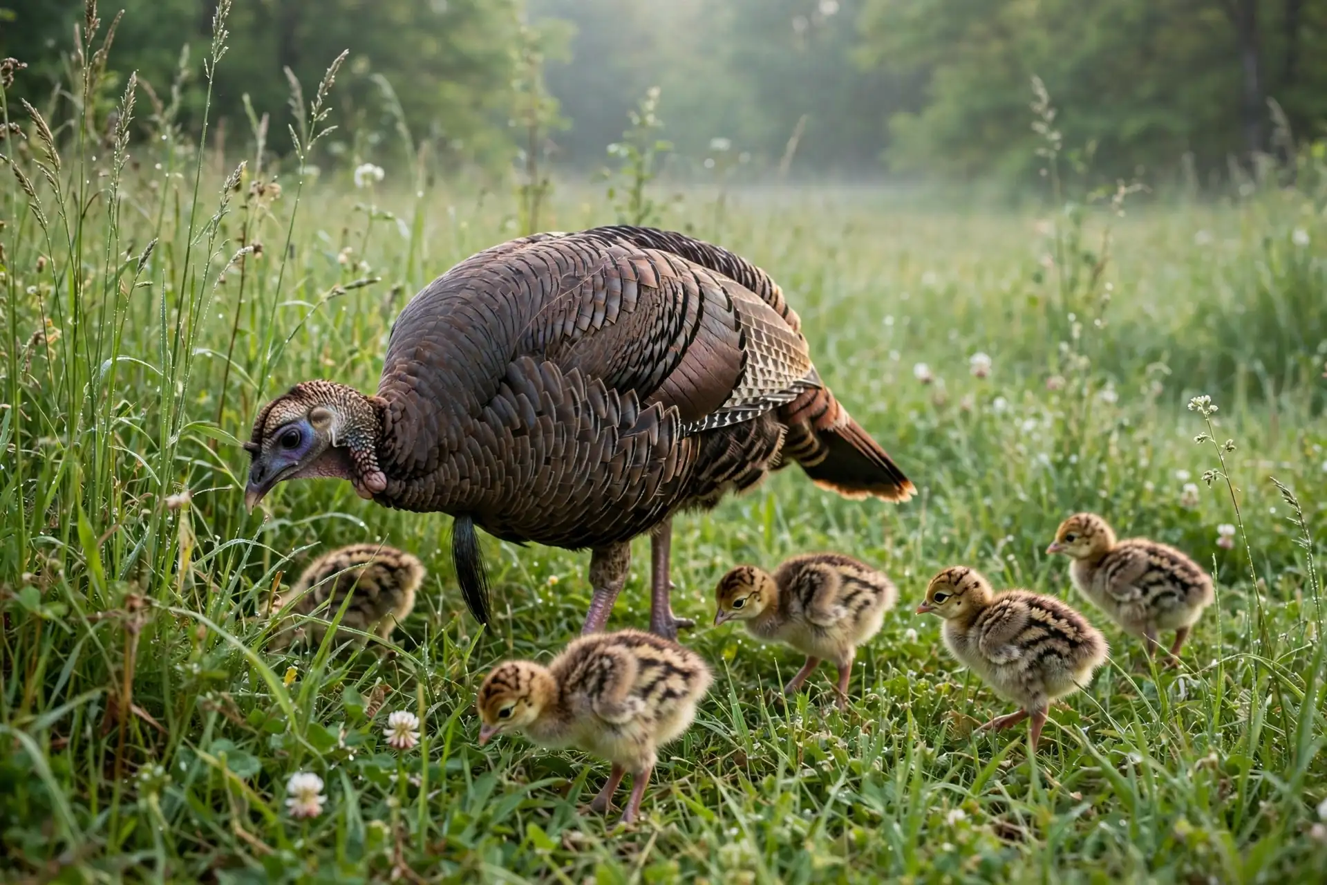Why Do Turkeys Gobble? The Meaning Behind the Call 4 Wild turkey hen with young poults foraging in tall green grass