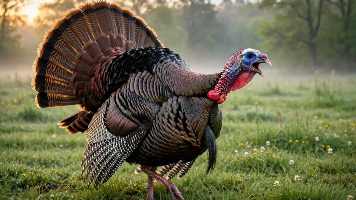 Why Do Turkeys Gobble? The Meaning Behind the Call 1 Wild turkey tom with fanned tail mid-gobble in a spring meadow at dawn