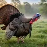 Wild turkey tom with fanned tail mid-gobble in a spring meadow at dawn