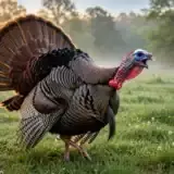 Wild turkey tom with fanned tail mid-gobble in a spring meadow at dawn