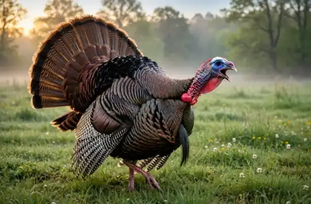 Wild turkey tom with fanned tail mid-gobble in a spring meadow at dawn