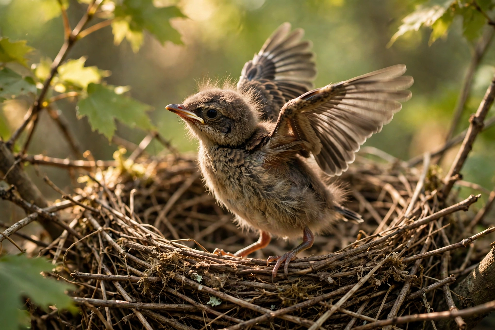 How Do Baby Birds Learn to Fly? The Fledging Process 3 Nestling songbird flapping its wings in wing exercise practice inside the nest