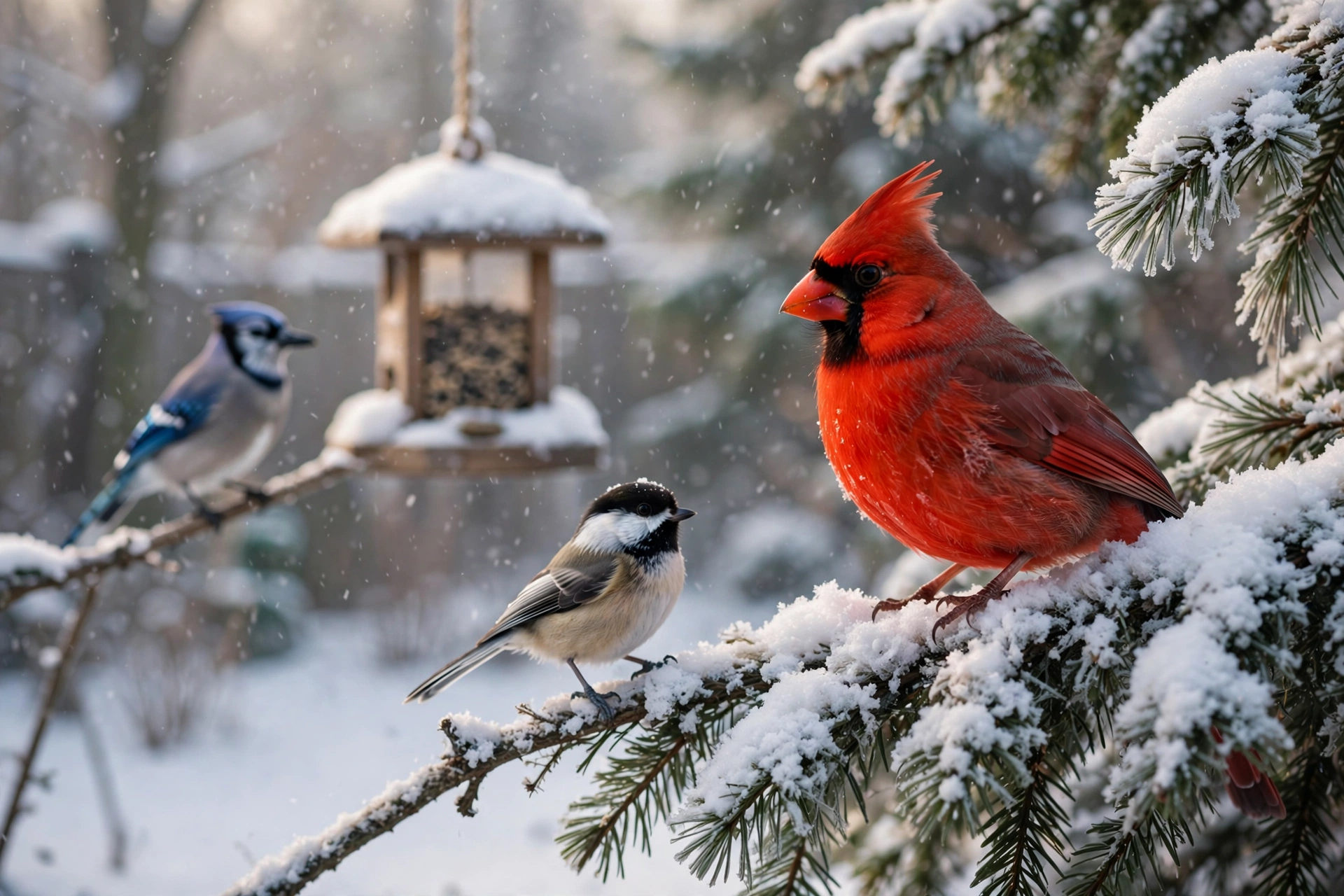 A red northern cardinal perched on a snow-covered evergreen branch with a black-capped chickadee and a blue jay nearby in falling snow