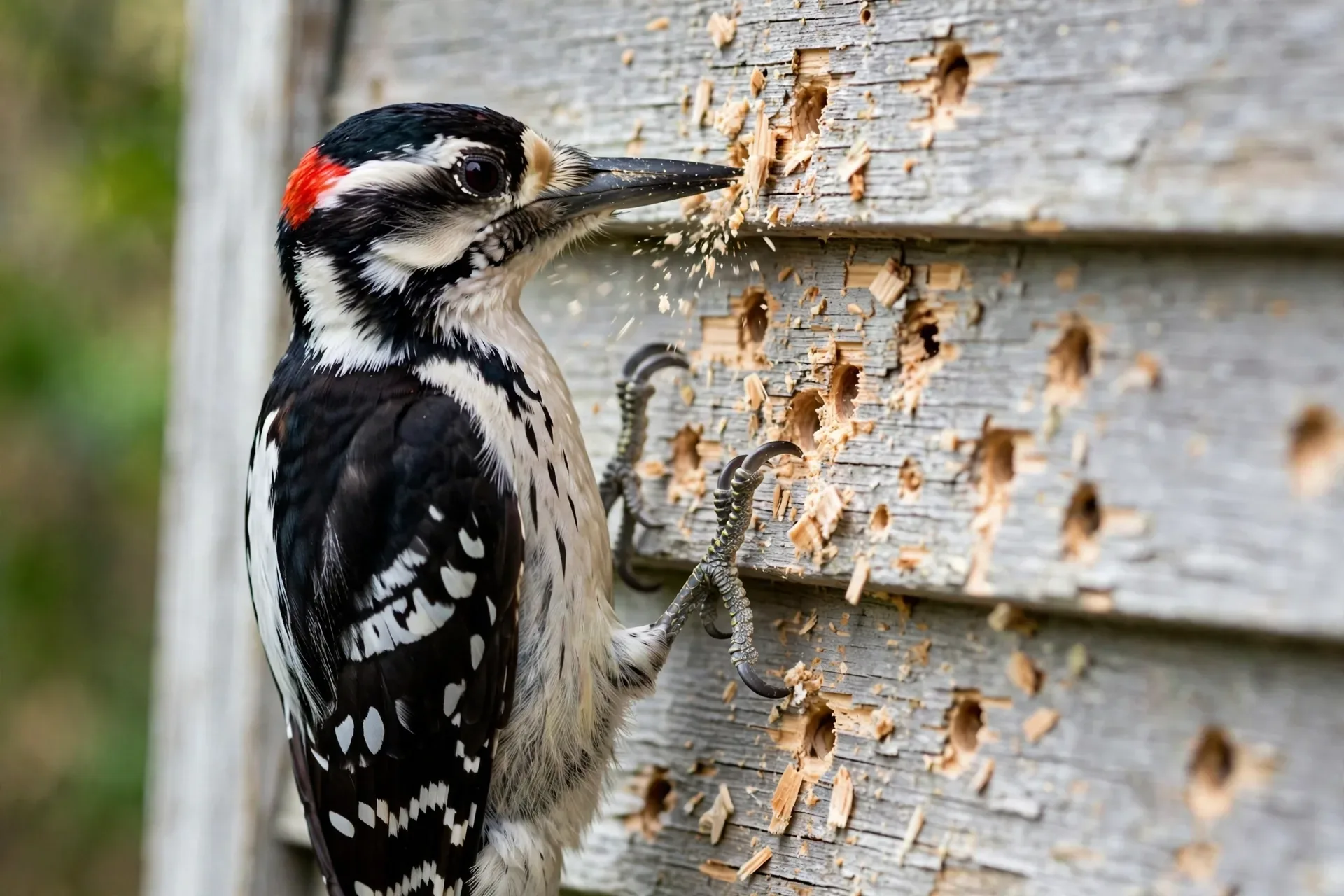 Why Do Woodpeckers Peck at Houses in Fall? (And How to Stop Them) 3 Close-up of a woodpecker drilling at wooden house siding with small excavated holes nearby