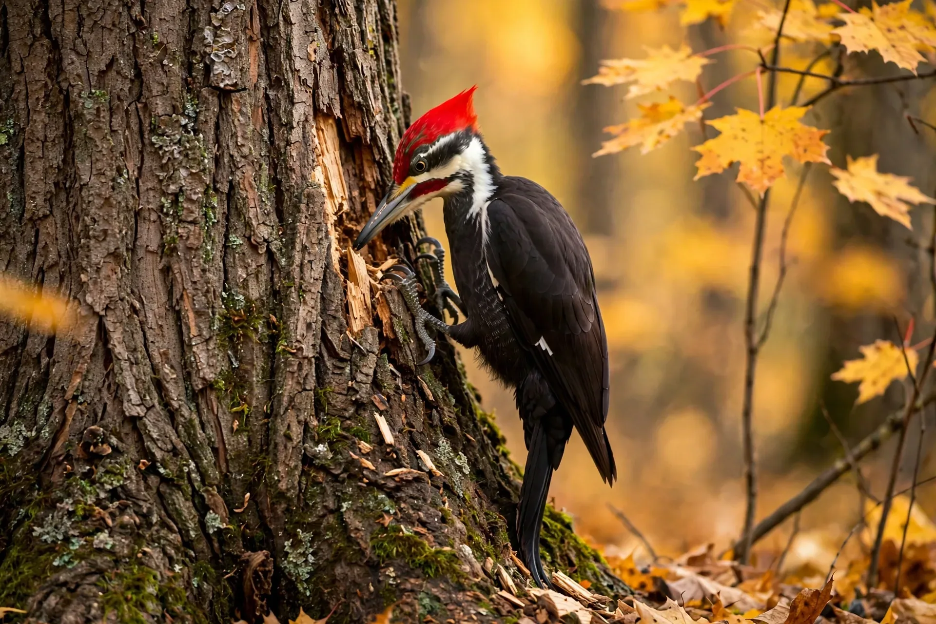 Why Do Woodpeckers Peck at Houses in Fall? (And How to Stop Them) 2 A pileated woodpecker with red crest foraging on a tree trunk in an autumn forest