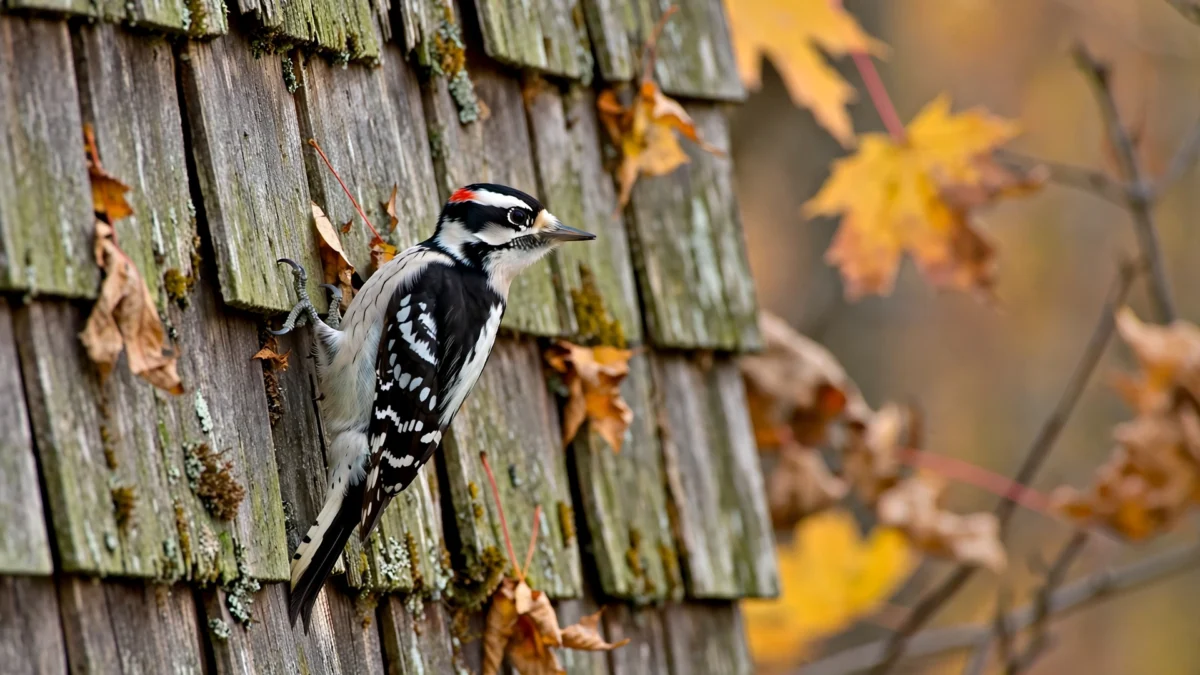 Why Do Woodpeckers Peck at Houses in Fall? (And How to Stop Them) 1 A downy woodpecker clinging to weathered cedar shake house siding in autumn