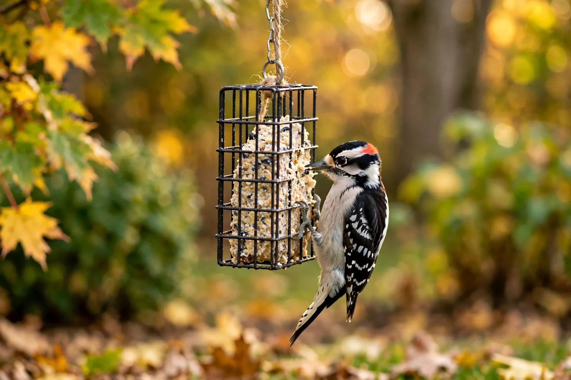 Why Do Woodpeckers Peck at Houses in Fall? (And How to Stop Them) 4 A downy woodpecker feeding from a hanging suet feeder in an autumn backyard garden